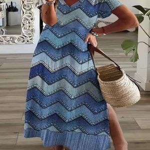 NEW Faux Denim Blue Chevron V Neck Midi Dress Plus Size 22